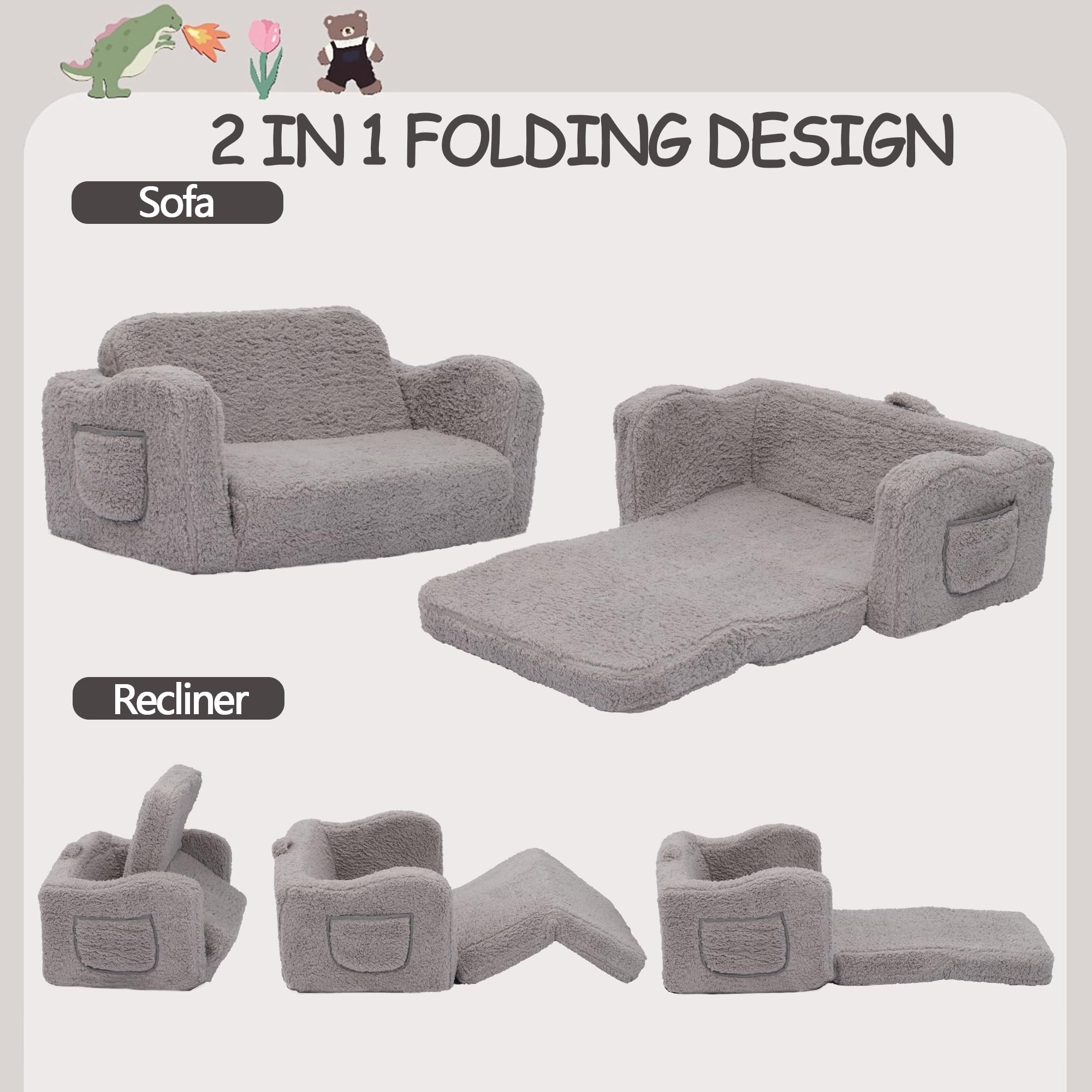 VINYUSE Children Perfect Extra Wide Convertible Sofa to Lounger, Comfy 2-in-1 Flip Open Couch/Sleeper for Kids, Grey,M