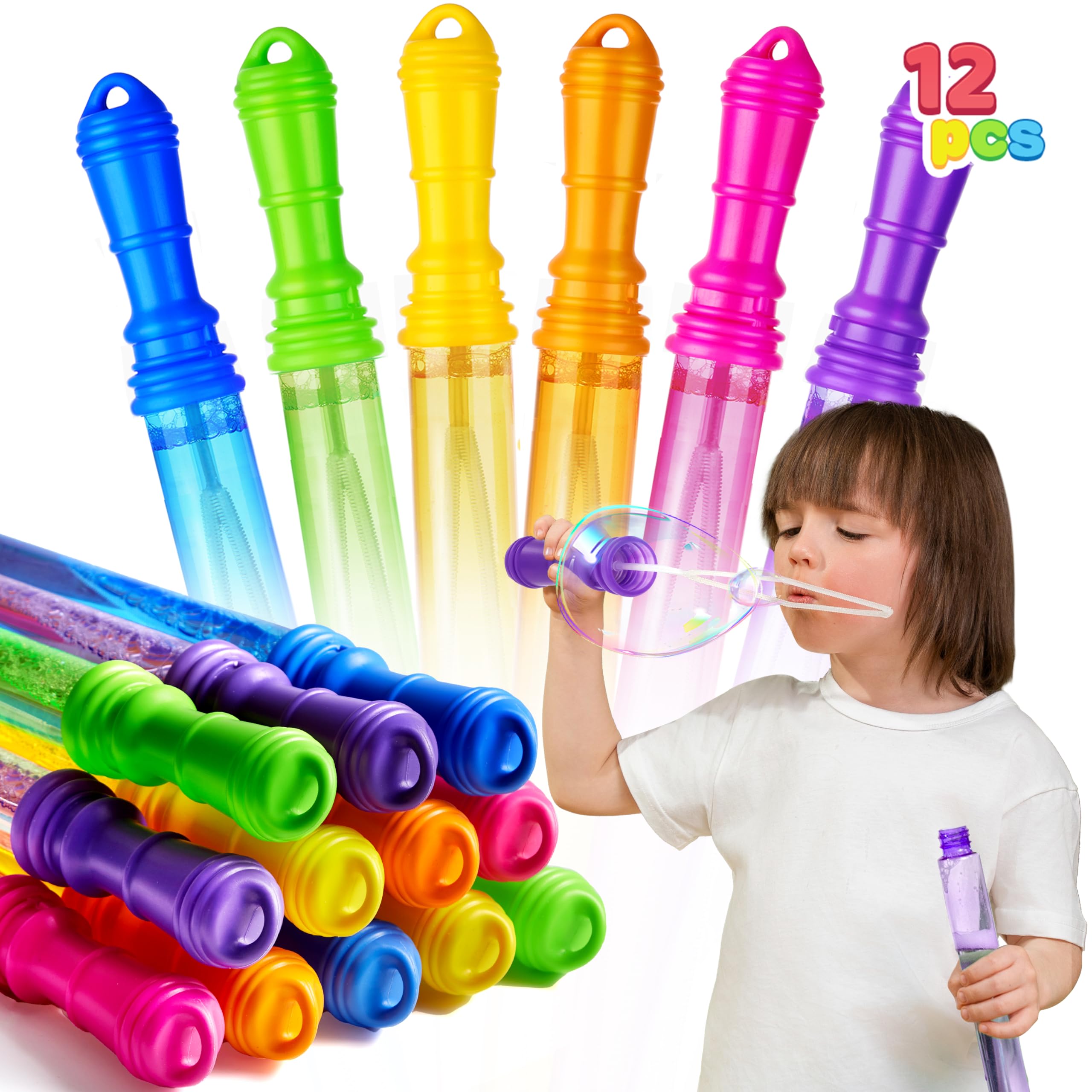 JOYIN 12 Packs 17’’ Giant Bubble Wands for Kids, Toddlers, Bubble Wand Bulk with 12 PCS Concentrated Bubble Solution for Summer, Party Favors, Outdoors Toys, Easter Basket Stuffers, Birthday Gift