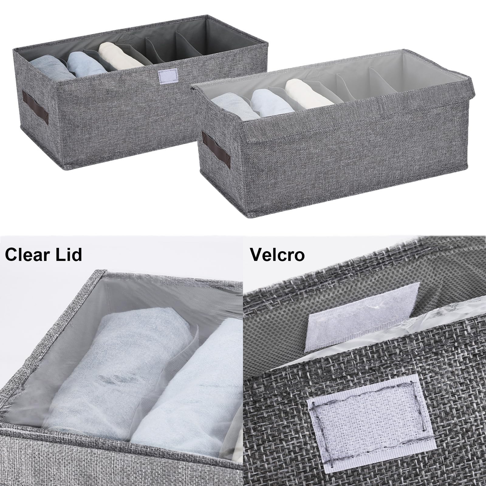 Ohlove 3Pcs Large Wardrobe Clothes Organizer with Lid, 6 Grids Foldable Stackable Fabric Drawer Organizer Dividers Storage Box for Jeans, Pants, T-shirts, Sweater, Scarves, Bras