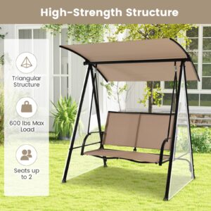 HAPPYGRILL 2-Person Porch Swing with Canopy, Outdoor Patio Swing Chair with Heavy-Duty Metal Frame, Breathable & Durable Seat Fabric, Patio Loveseat Swing for Backyard, Balcony, Poolside