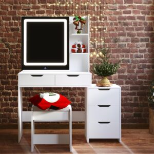 aiho makeup vanity desk with mirror and lights, 43.5" vanity table with 5 drawers & storage shelves, adjustable brightness & 3 led light modes - dressing table set for bedroom, white