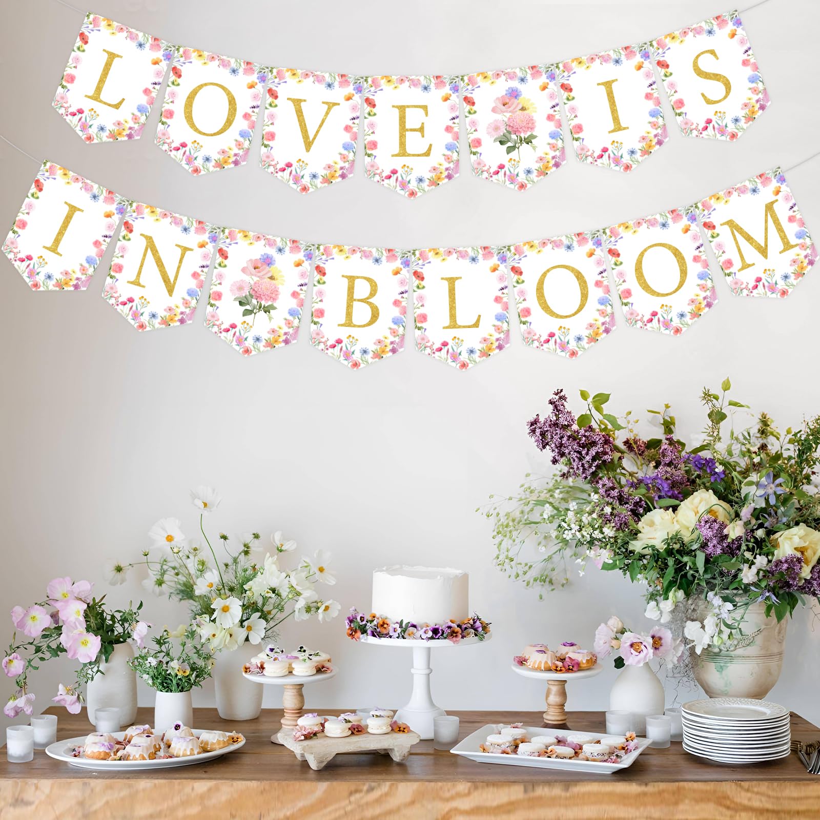 Cheereveal Love is in Bloom Banner - Flower Theme Bridal Shower Bunting Garland, Pink Pre-Assembled Party Signs, Engagement Wedding Party Supplies and Decorations