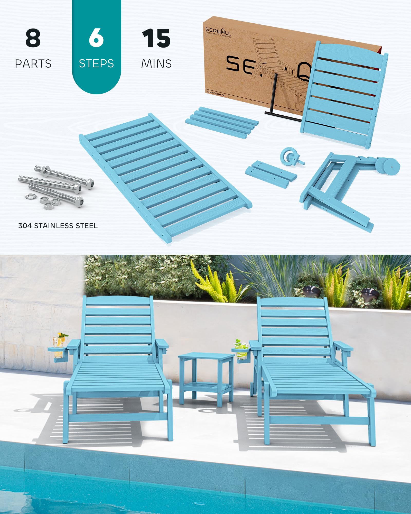 SERWALL Patio Chaise Lounge Chair Set of 2, 5 Positions Adjustable HDPE Outdoor Lounge Chair for Pool, Poly Lounge Chair with Rolling Wheels & Cup Holder for Poolside, Deck, Light Blue