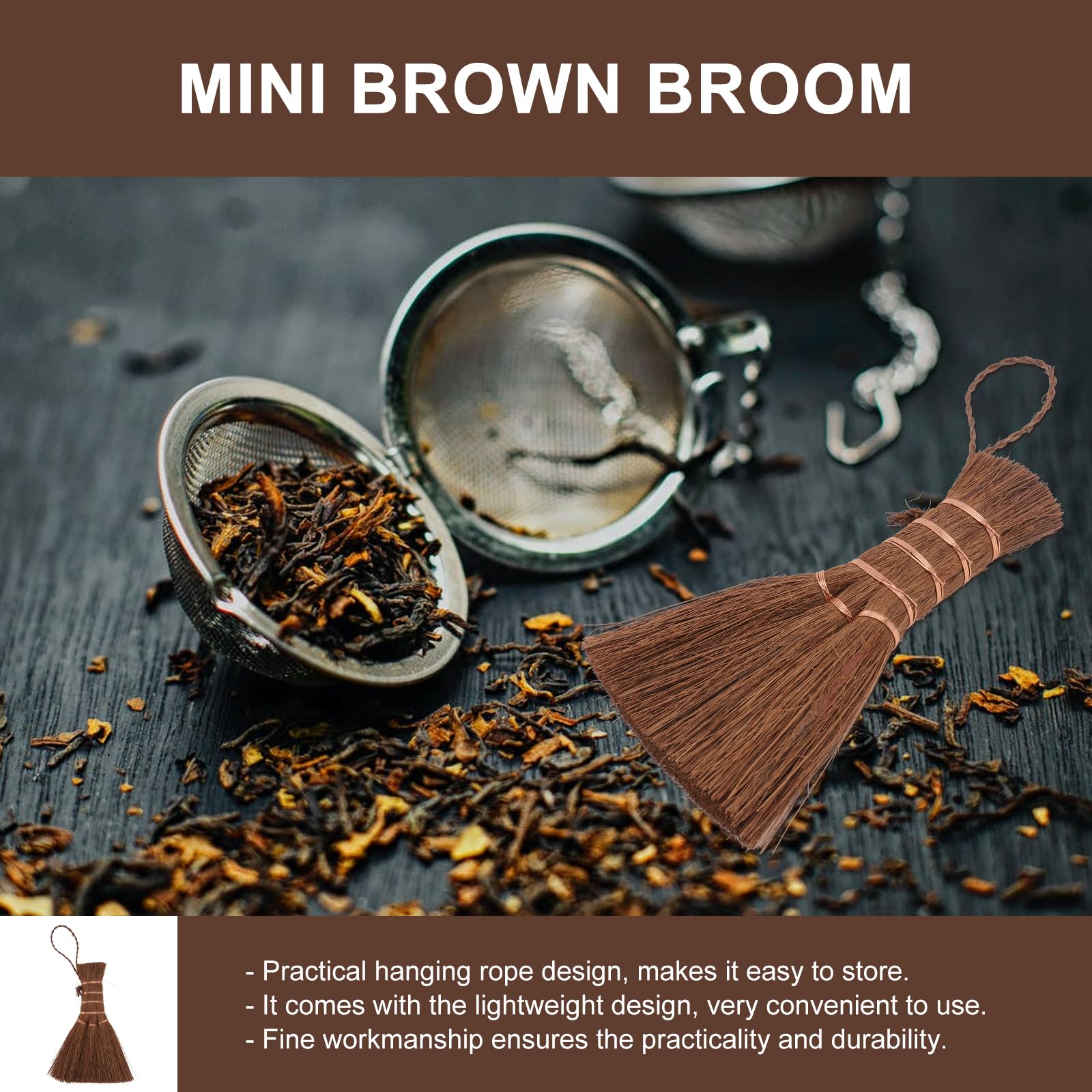 OATIPHO Tea Tray Broom, Tea Broom Whisk, Small Broom Cleaning Soft Bristle Broom Brown Teapot Brush, Tea Ceremony Accessories Hand Broom Soft Straw Broom for Dustpan Keyboard