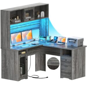 unikito office desk with drawers and hutch, large l shaped computer desk with power outlet and led lights, 60 inch modern corner desk with file cabinets, sturdy 2 person home office table, gray oak