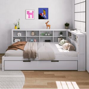 DEINPPA Full Size Platform Bed with L-Shaped Bookcase and Trundle, Wooden Captain Bed Frame with Bookcase Headboard for Kids Teens Boys Girls, No Box Spring Needed-White