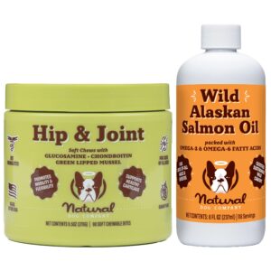 natural dog company healthy joint travel bundle, includes (1) hip and joint chews supplement - 90 pcs glucosamine chondroitin for dogs, (1) wild alaskan salmon oil - 8 oz salmon oil for dogs on the go