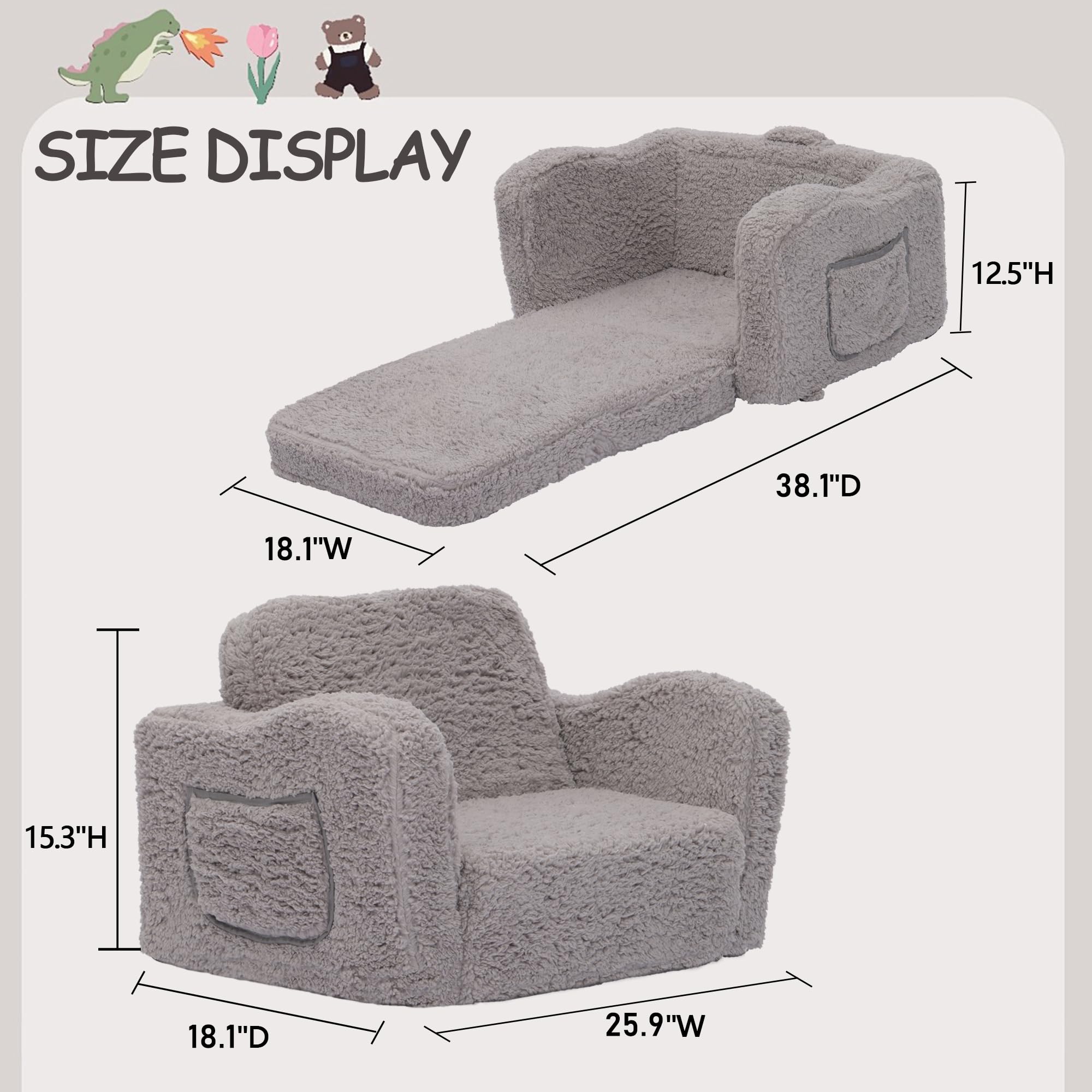 VINYUSE Toddler Couch, 2-in-1 Kids Toddler Soft Sherpa Couch, Convertible Sofa to Lounger, Fold Out Sofa Chair for Girls and Boys, Grey, S