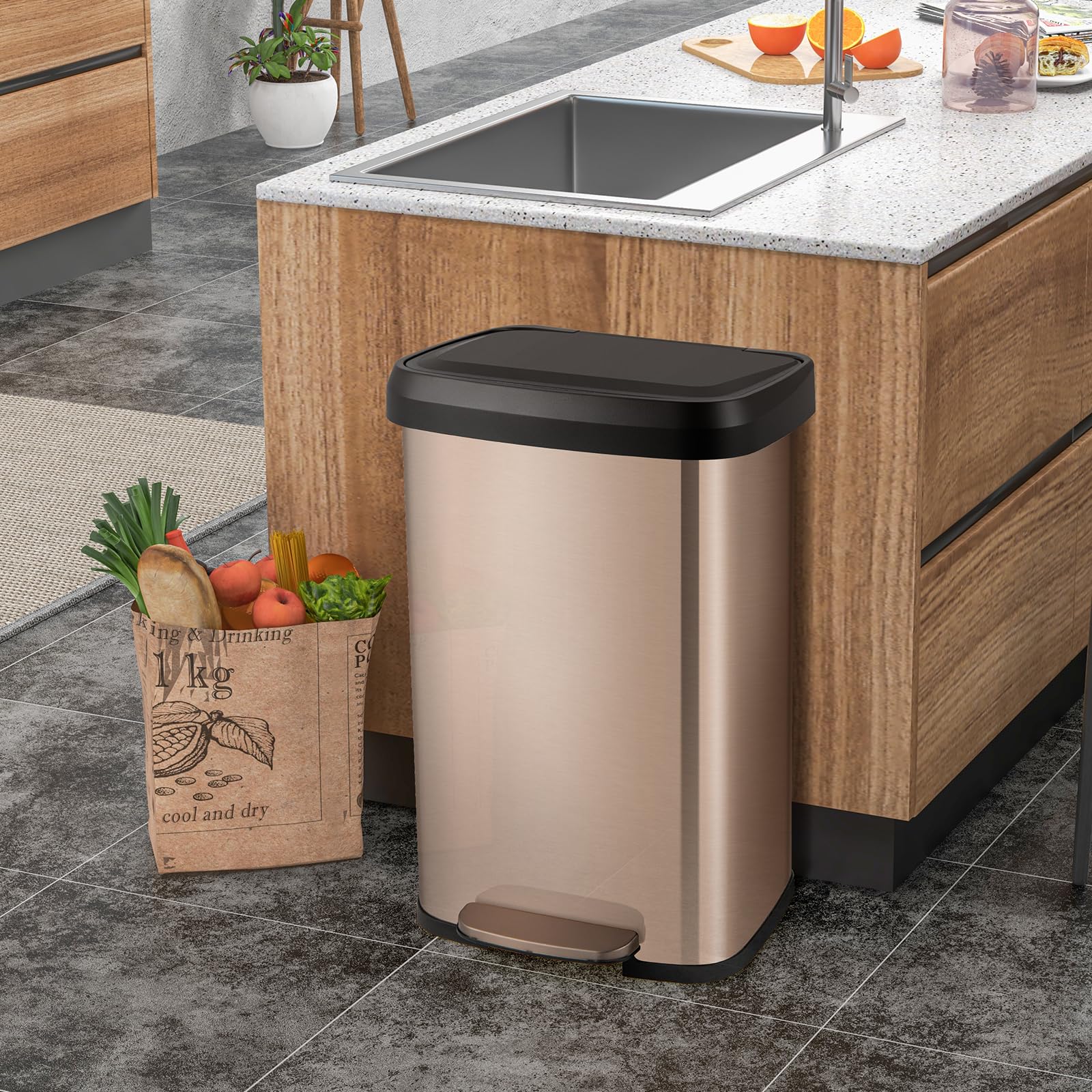 S AFSTAR 13.2 Gallon Step Trash Can, Stainless Steel Garbage Bin with Soft Close Lid & Deodorizer Compartment, Fingerprint-Proof Trash Bin, Step-On Trashcan for Home Office Kitchen, Rose (Golden)