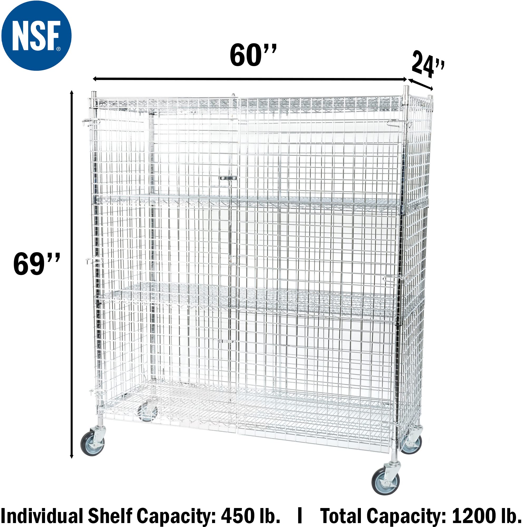 24" W x 60" L x 69" H Heavy Duty Utility Commercial Grade Metal Storage NSF Unit | Chrome Mobile Security Wire Cage Kit