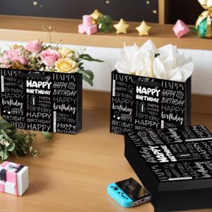 MOORIIY White and Black Birthday Gift Bag for Men Women Large Happy Birthday Wrapping Gift Bag with Tissue Paper and Greeting Card for Birthday Party Supplies 11.8" x 9.4" x 5.3" (Style B -Black)