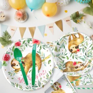 APOWBLS Sloth Birthday Party Supplies Girl, Sloth Party Decorations Tableware For Baby Shower Birthday, Paper Plate, Napkin, Fork, Tablecloth, Jungle Animal Sloth Party Supplies Dinnerware | Serve 24