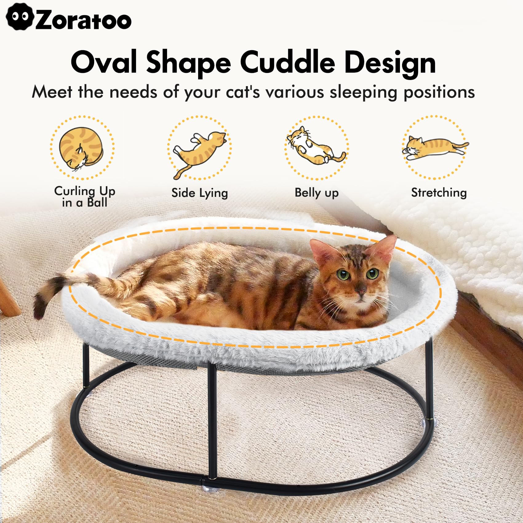 Zoratoo Elevated Cat Hammock Bed for Indoor Cats, Fluffy Warm Cuddle Cat Bed with Detachable Pad Bed Cover, Portable Pet Bed Raised Cuddler for Sleeping Kittens, Small Dog, Oval Cat Hammock Grey