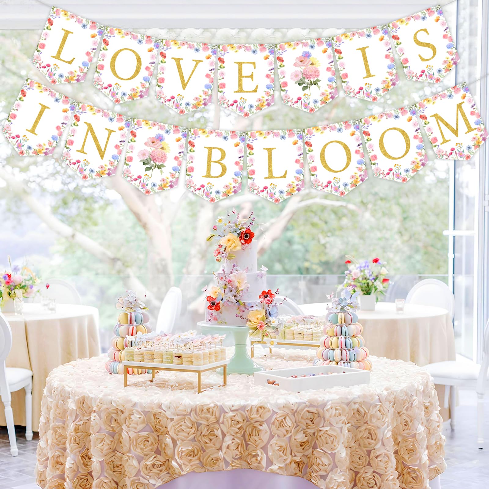 Cheereveal Love is in Bloom Banner - Flower Theme Bridal Shower Bunting Garland, Pink Pre-Assembled Party Signs, Engagement Wedding Party Supplies and Decorations