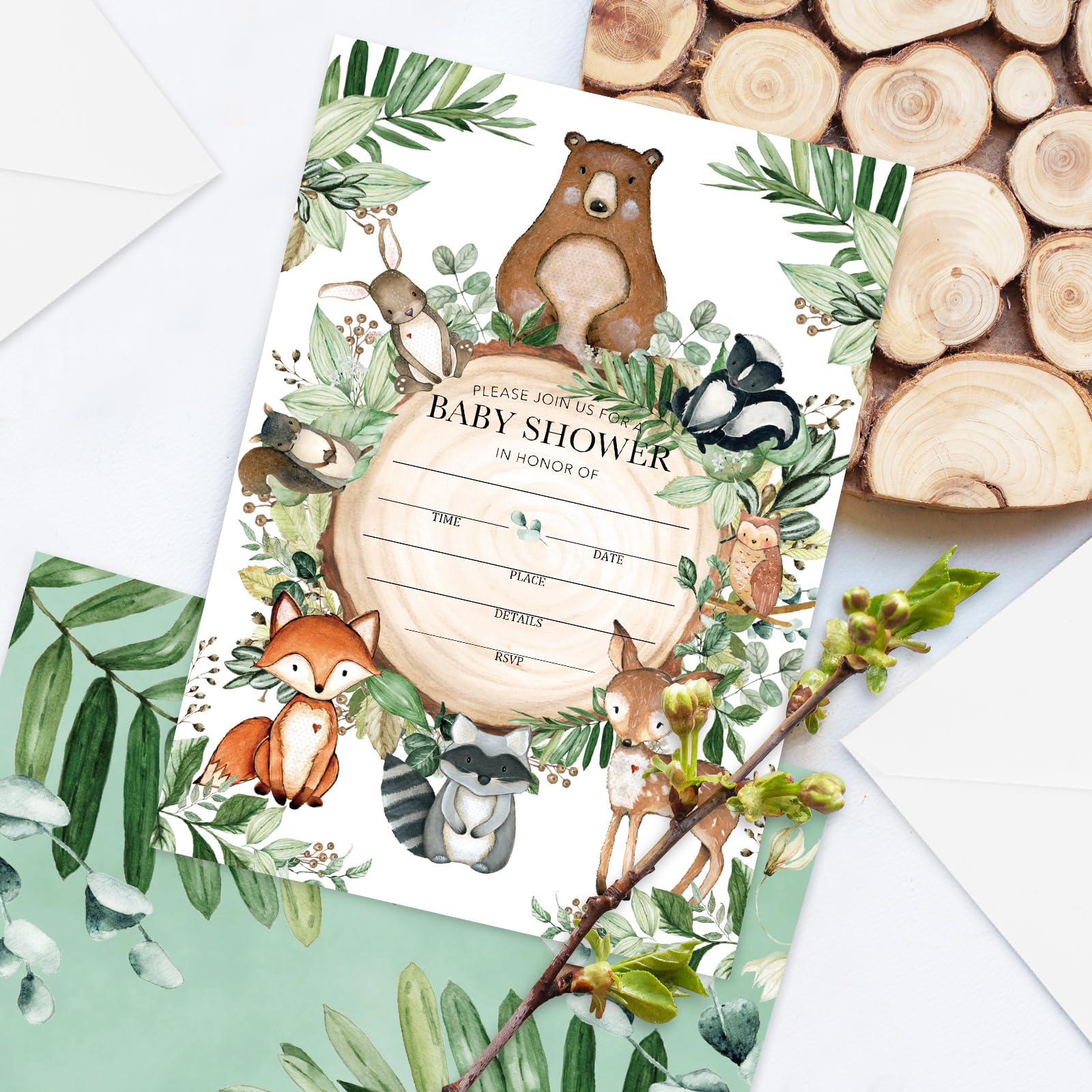 Whaline 25 Sets Woodland Baby Shower Party Invitations with Envelope Stickers Watercolor Forest Animal Greenery Invitation Cards Blank Invites for Baby Shower Birthday Party Supplies, 5 x 7 Inch