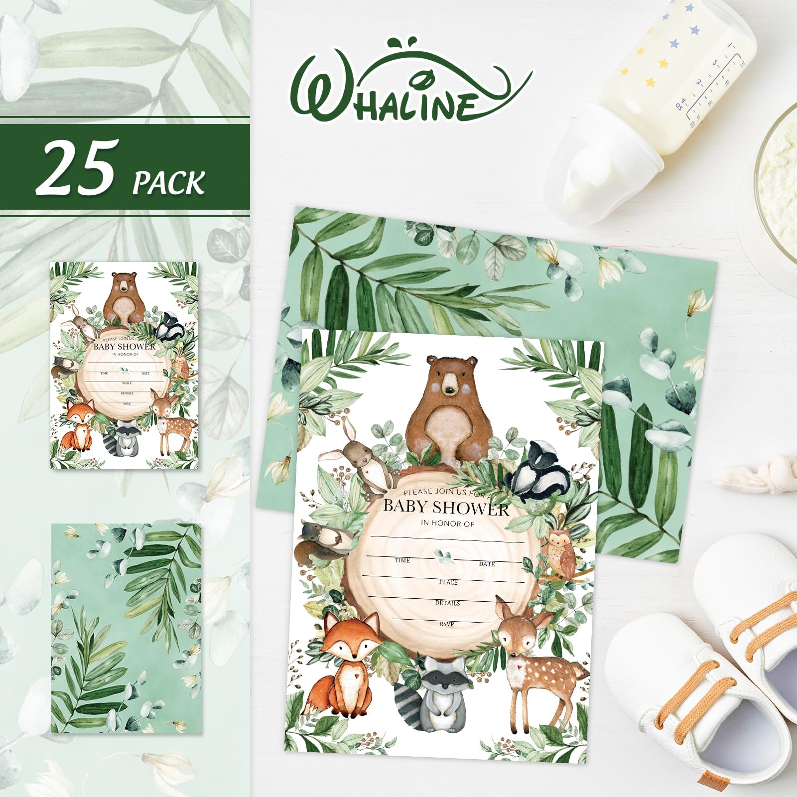 Whaline 25 Sets Woodland Baby Shower Party Invitations with Envelope Stickers Watercolor Forest Animal Greenery Invitation Cards Blank Invites for Baby Shower Birthday Party Supplies, 5 x 7 Inch