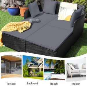 Tangkula Patio Rattan Daybed, Patiojoy Outdoor Sunbed with Spacious Seat, Upholstered Cushion & High-Resilience Sponge, Wicker Patio Sofa Set with Extra Pillows for Poolside, Porch, Backyard (Grey)