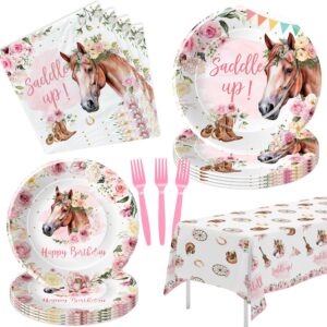 hipvvild cowgirl party decorations tableware - western horse birthday party supplies for girl, plate, napkin, fork, tablecloth, wild west cowgirl birthday baby shower decorations dinnerware | serve 24