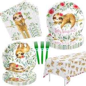 apowbls sloth birthday party supplies girl, sloth party decorations tableware for baby shower birthday, paper plate, napkin, fork, tablecloth, jungle animal sloth party supplies dinnerware | serve 24