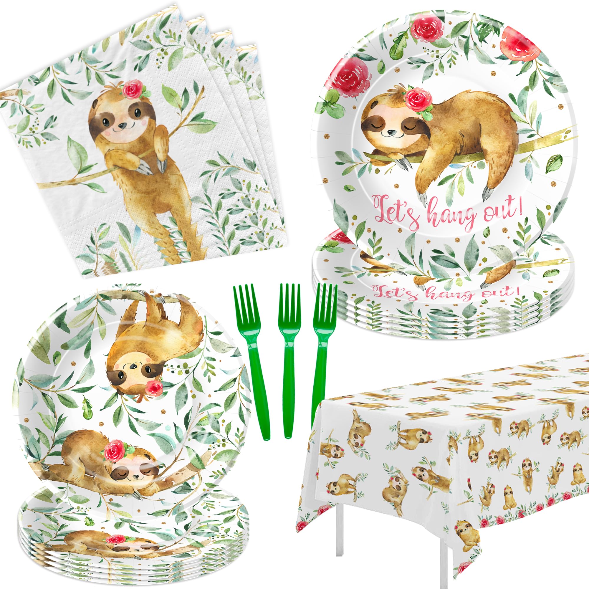 APOWBLS Sloth Birthday Party Supplies Girl, Sloth Party Decorations Tableware For Baby Shower Birthday, Paper Plate, Napkin, Fork, Tablecloth, Jungle Animal Sloth Party Supplies Dinnerware | Serve 24