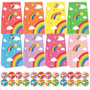 shindel 24pcs party favor bags, rainbow goodie bags with stickers, small gift bags, treat bags, colored paper bags for kids birthday party favors and party supplies 4.7" x 3.1" x 8.7"