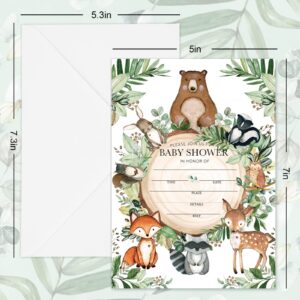 Whaline 25 Sets Woodland Baby Shower Party Invitations with Envelope Stickers Watercolor Forest Animal Greenery Invitation Cards Blank Invites for Baby Shower Birthday Party Supplies, 5 x 7 Inch