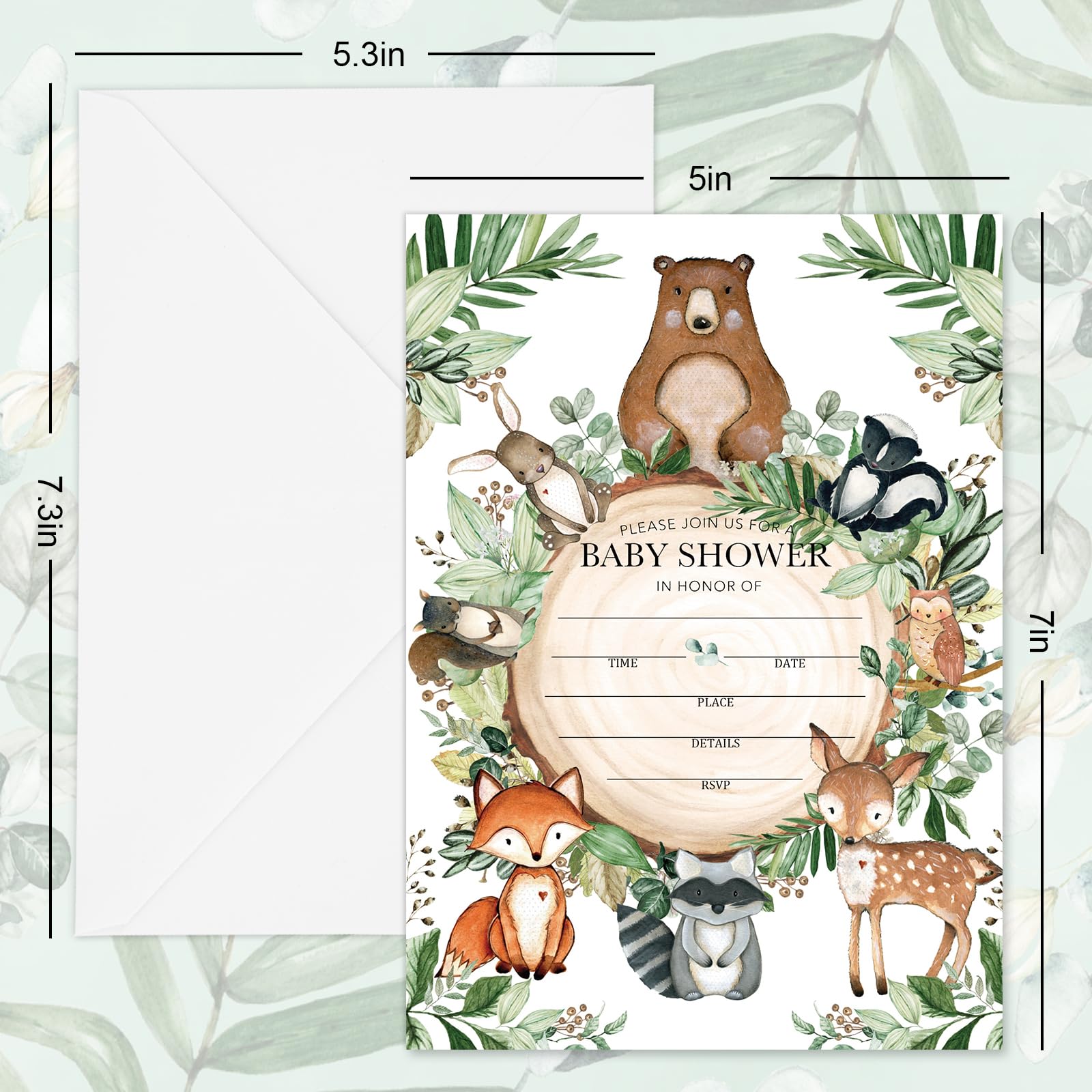 Whaline 25 Sets Woodland Baby Shower Party Invitations with Envelope Stickers Watercolor Forest Animal Greenery Invitation Cards Blank Invites for Baby Shower Birthday Party Supplies, 5 x 7 Inch