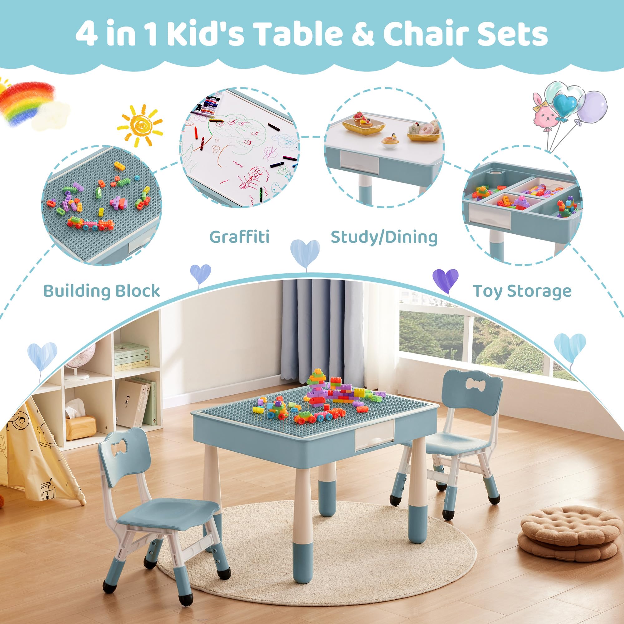 DOREROOM 4 in 1 Kids Table and 2 Chairs Set with Storage, Toddler Table and Chair Set for Kids Ages 3-10, Graffiti & Building Blocks Double-Sided Tabletop (Grayish Blue, 2 Chairs)