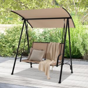 HAPPYGRILL 2-Person Porch Swing with Canopy, Outdoor Patio Swing Chair with Heavy-Duty Metal Frame, Breathable & Durable Seat Fabric, Patio Loveseat Swing for Backyard, Balcony, Poolside