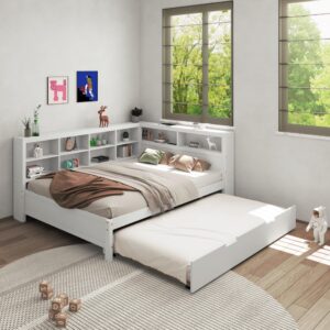 deinppa full size platform bed with l-shaped bookcase and trundle, wooden captain bed frame with bookcase headboard for kids teens boys girls, no box spring needed-white