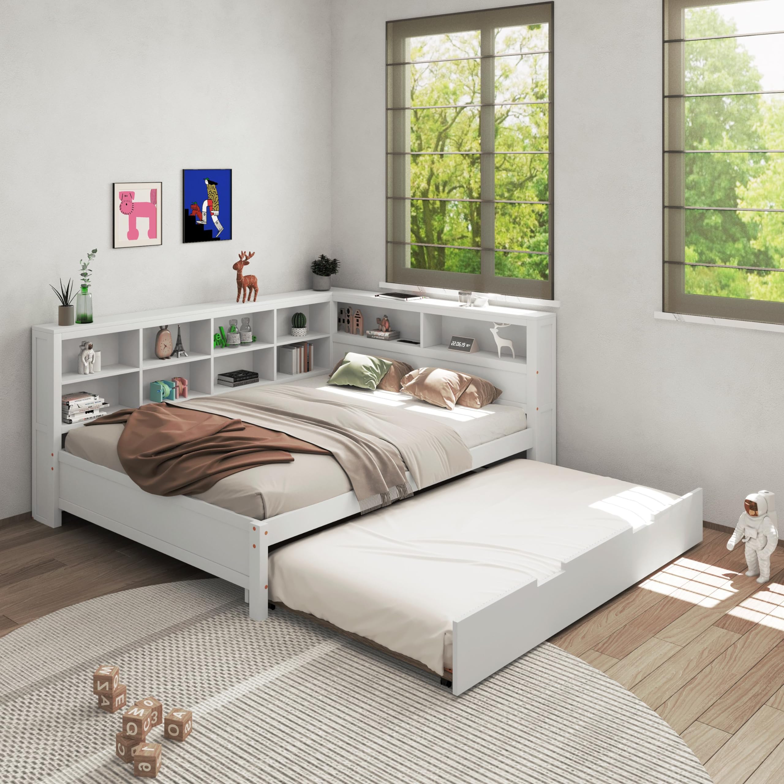 DEINPPA Full Size Platform Bed with L-Shaped Bookcase and Trundle, Wooden Captain Bed Frame with Bookcase Headboard for Kids Teens Boys Girls, No Box Spring Needed-White