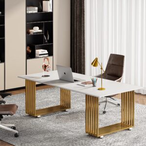 Vagaconl 70.9" Large Modern Computer Desk, White Gold Desk with Gold Metal Legs, Large Workstation for Home Office, Study Writing Desk, Small Conference Table for Meeting Room