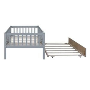 RORIGAT Wooden Daybed, Twin Size Bed Frame with Trundle and Fence Guardrails for Kids Teens Adults, Wood Slat Support, No Box Spring Needed, Easy Assembly,Gray