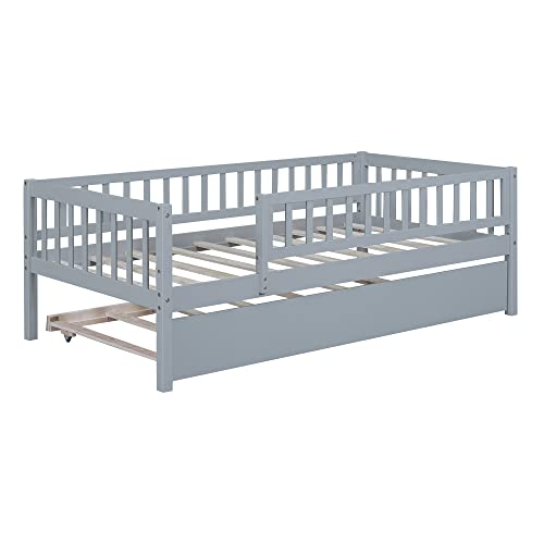 RORIGAT Wooden Daybed, Twin Size Bed Frame with Trundle and Fence Guardrails for Kids Teens Adults, Wood Slat Support, No Box Spring Needed, Easy Assembly,Gray