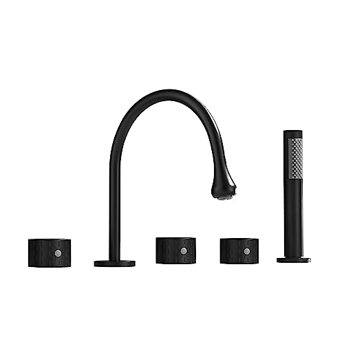 WuDLi Shower Set 5 Hole Bath Shower Mixer Tap Set 360° Swivel Spout Bath Shower Mixer Tap Modern Bath Taps Deck Mounted Dual Lever Bathroom Mixer Tap Bath, Black