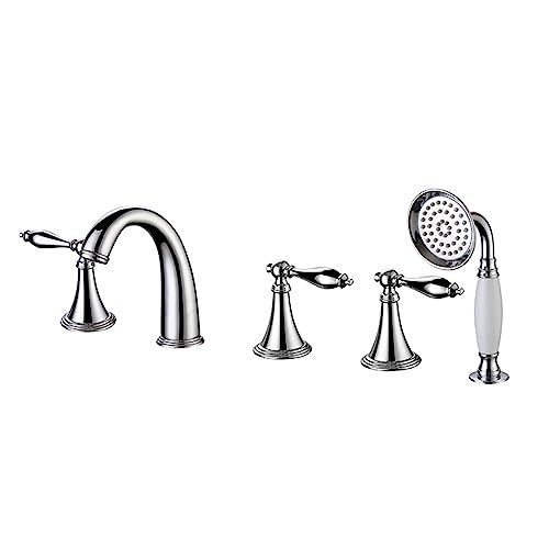 WuDLi Bath Mixer Tap 5 Hole Deck Mount Bath Shower Tap, Bathtub Mixer Tap with Pull Out Handheld Shower