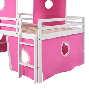 RORIGAT Castle Full Size Bunk Bed,Solid Wood Low Loft Bed Frame with Windows Slide, Tent and Tower,Bunk Bed for Kids Bedroom,Pink