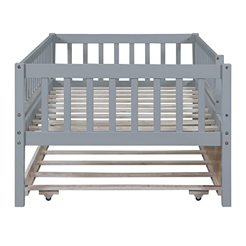 RORIGAT Wooden Daybed, Twin Size Bed Frame with Trundle and Fence Guardrails for Kids Teens Adults, Wood Slat Support, No Box Spring Needed, Easy Assembly,Gray