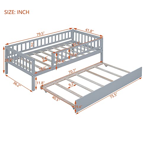 RORIGAT Wooden Daybed, Twin Size Bed Frame with Trundle and Fence Guardrails for Kids Teens Adults, Wood Slat Support, No Box Spring Needed, Easy Assembly,Gray