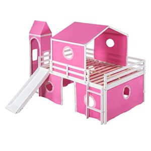 RORIGAT Castle Full Size Bunk Bed,Solid Wood Low Loft Bed Frame with Windows Slide, Tent and Tower,Bunk Bed for Kids Bedroom,Pink