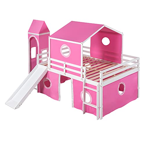 RORIGAT Castle Full Size Bunk Bed,Solid Wood Low Loft Bed Frame with Windows Slide, Tent and Tower,Bunk Bed for Kids Bedroom,Pink