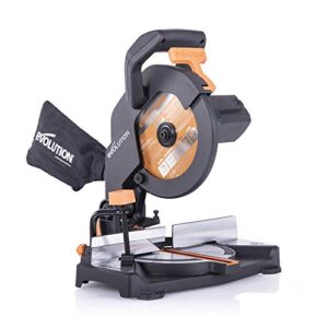 evolution power tools r210cms compound miter saw, 8-1/4" multi-material cutting tct blade included cuts wood metal plastic & more, 45° - 45° degree miter & 45˚ degree bevel angles, 1200w, 8-1/4"