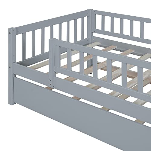 RORIGAT Wooden Daybed, Twin Size Bed Frame with Trundle and Fence Guardrails for Kids Teens Adults, Wood Slat Support, No Box Spring Needed, Easy Assembly,Gray