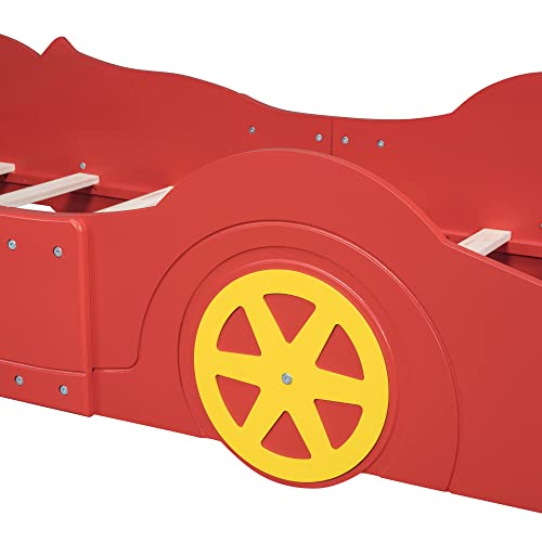 RORIGAT Twin Size Race Car-Shaped Platform Bed with Wheels,Wooden Loft Bed Frame,Cute Racing Bed for Kids Boys and Girls,Red