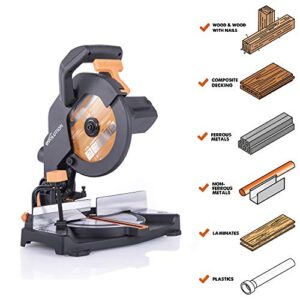 Evolution Power Tools R210CMS Compound Miter Saw, 8-1/4" Multi-Material Cutting TCT Blade Included Cuts Wood Metal Plastic & More, 45° - 45° Degree Miter & 45˚ Degree Bevel Angles, 1200W, 8-1/4"