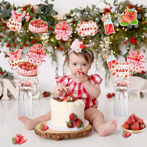 Balterever Strawberry Baby Shower Decorations for Girl 24pcs A Berry Sweet Baby Is on The Way Centerpieces Party Supplies Strawberry Baby Shower Centerpieces Sticks Berry Sweet Summer Fruit Party