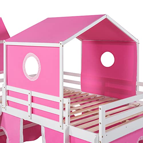 RORIGAT Castle Full Size Bunk Bed,Solid Wood Low Loft Bed Frame with Windows Slide, Tent and Tower,Bunk Bed for Kids Bedroom,Pink