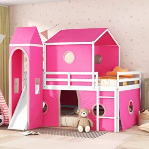 RORIGAT Castle Full Size Bunk Bed,Solid Wood Low Loft Bed Frame with Windows Slide, Tent and Tower,Bunk Bed for Kids Bedroom,Pink