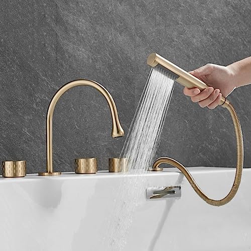 WuDLi Shower Set 5 Hole Bath Shower Mixer Tap Set 360° Swivel Spout Bath Shower Mixer Tap Modern Bath Taps Deck Mounted Dual Lever Bathroom Mixer Tap Bath, Black