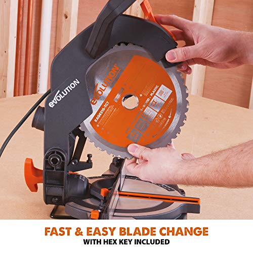 Evolution Power Tools R210CMS Compound Miter Saw, 8-1/4" Multi-Material Cutting TCT Blade Included Cuts Wood Metal Plastic & More, 45° - 45° Degree Miter & 45˚ Degree Bevel Angles, 1200W, 8-1/4"